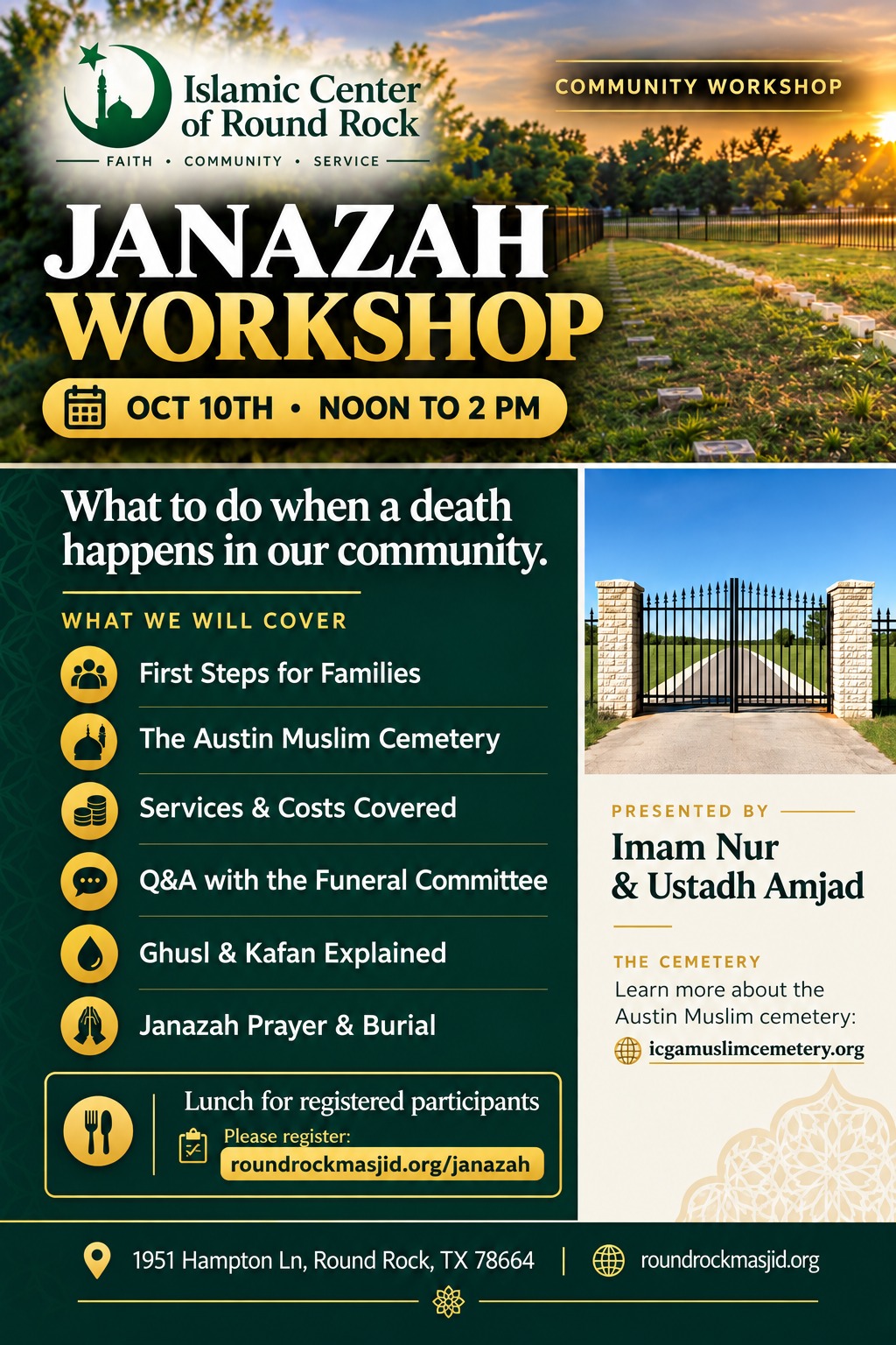 Janazah Workshop — Sat, Oct 10 · 12:00 – 2:00 PM · Lunch for registered participants
